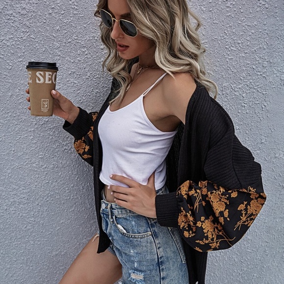 black floral print boho ribbed open front cardigan - Picture 7 of 7